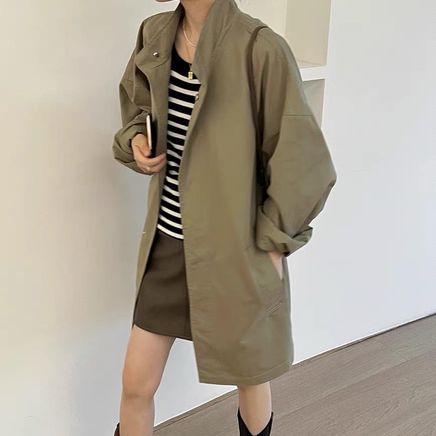 Korean Chic Retro Spring Stand Collar Long Sleeve Mid-Length Trench Coat for Women