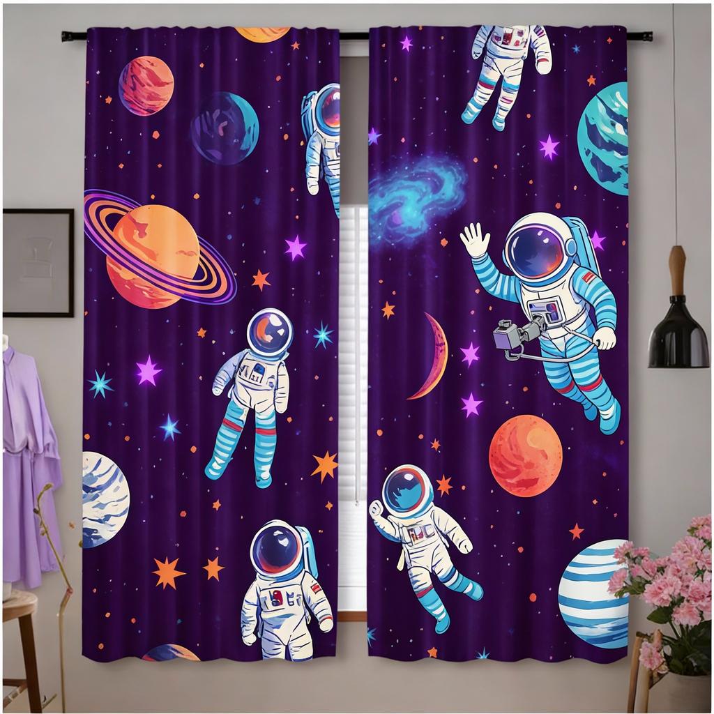 2 ks Závěsy s motivem vesmíru, Kreslený astronaut a téma sluneční soustavy, Modré galaktické okenní závěsy pro ložnici, obývací pokoj, P