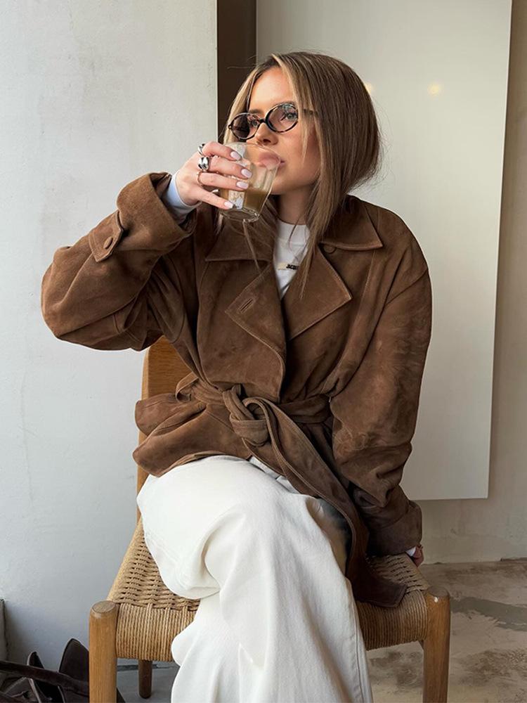 European and American Retro Autumn Suede Tie-Waist Coat with Turn-Down Collar