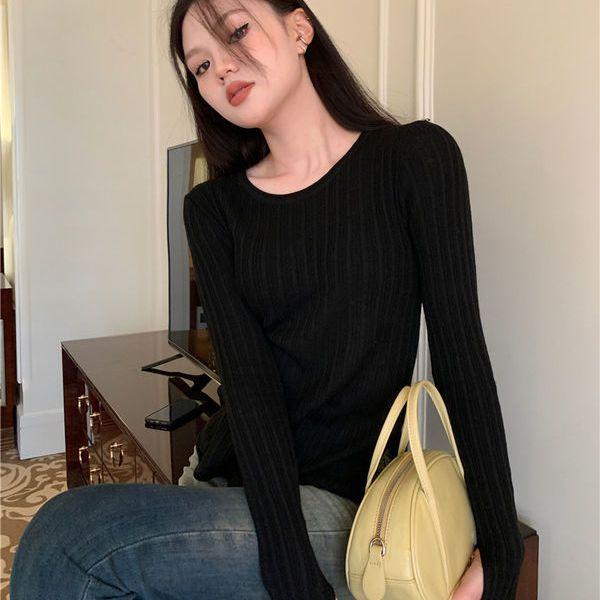 Split Hem White Knitwear Women's Autumn and Winter French Style Long Sleeve Thin Inner Base Layer Top