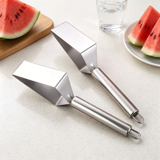 Stainless Steel Watermelon Cutter with Wooden Handle Ergonomic Triangle Fruit Slicer for Watermelon Cantaloupe Melon Apples Easy Clean Kitchen Tool