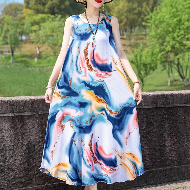 Elegant Sleeveless Dress Summer Fashion Casual Loose Vintage Print Long Dresses for Women Summer Clothes