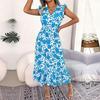 Women Summer Floral Holiday Dress High Waist Sleeveless V Neck Wood Ear Edge Design