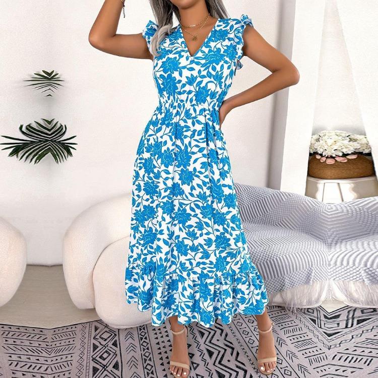 Summer Women Floral High Waist Sleeveless V Neck Holiday Dress Wood Ear Edge Design