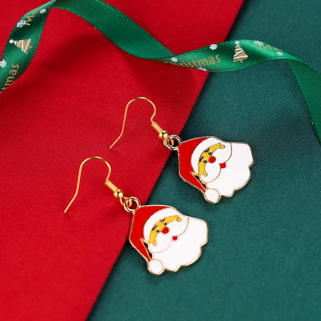 Cute Santa Claus Face Drop Earrings Gold Tone Hook Red White Festive Holiday Jewelry Gift for Women Winter Party Xmas Decoration