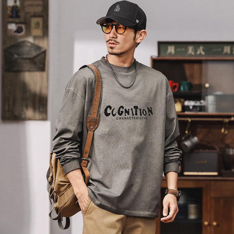 Fatten up the large fall and winter American retro pattern printing men's T-shirt - lightweight anti-wrinkle versatile layering commuter long-sleeved