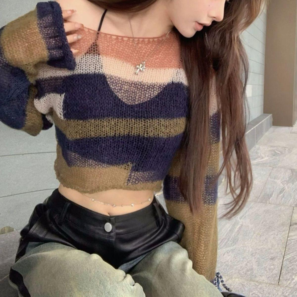 

Ажурная полосатая трикотажная рубашка с открытыми плечами Pure Desire Spicy Girl, верхняя часть, женская базовая рубашка Design Sense L