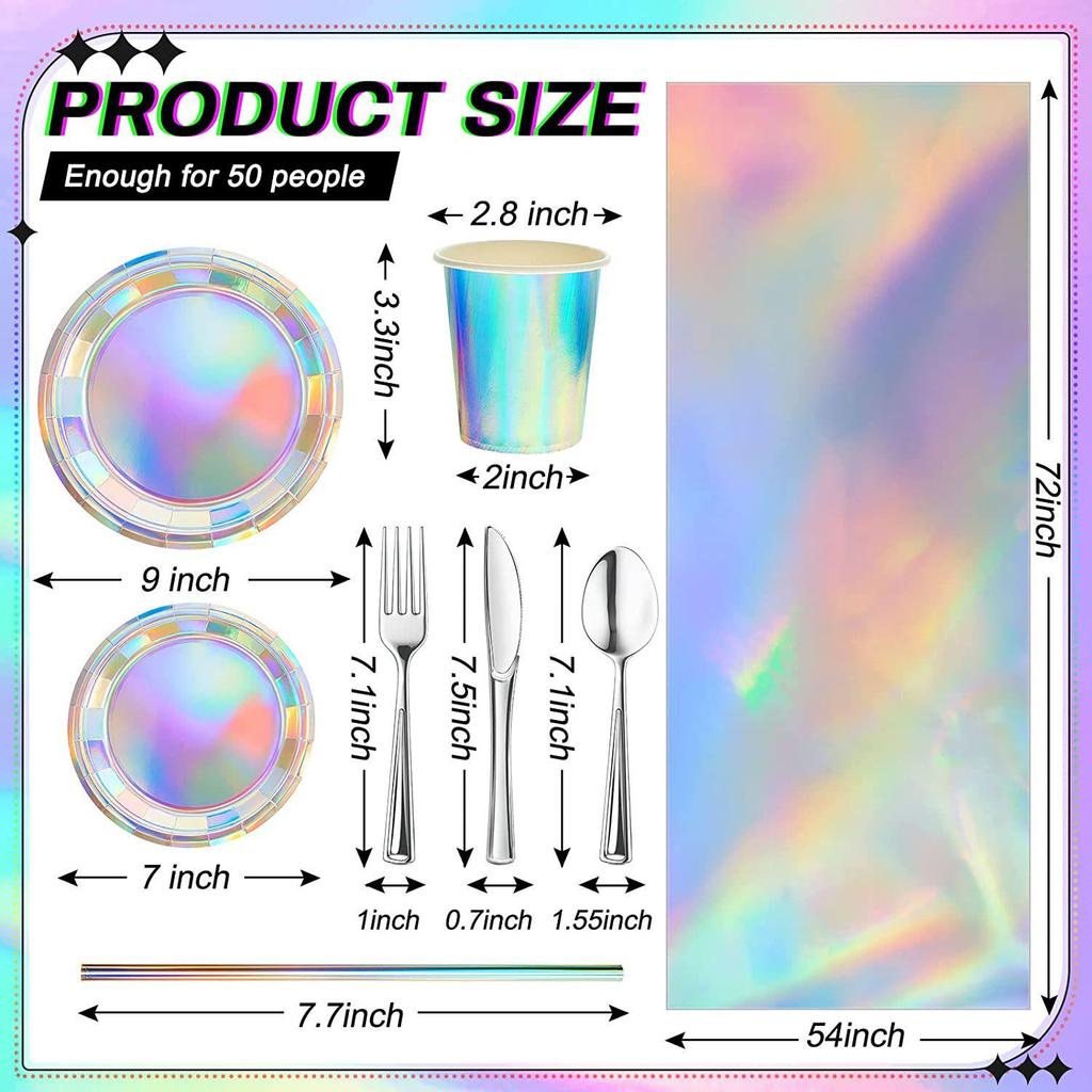Rainbow Laser Theme Party Tableware: Mermaid Birthday & Wedding Tablecloth with Paper Cups
