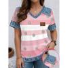 V-Neck Short Sleeve T-Shirt With Blue White Striped Print Loose Fit Casual Top Women 2025