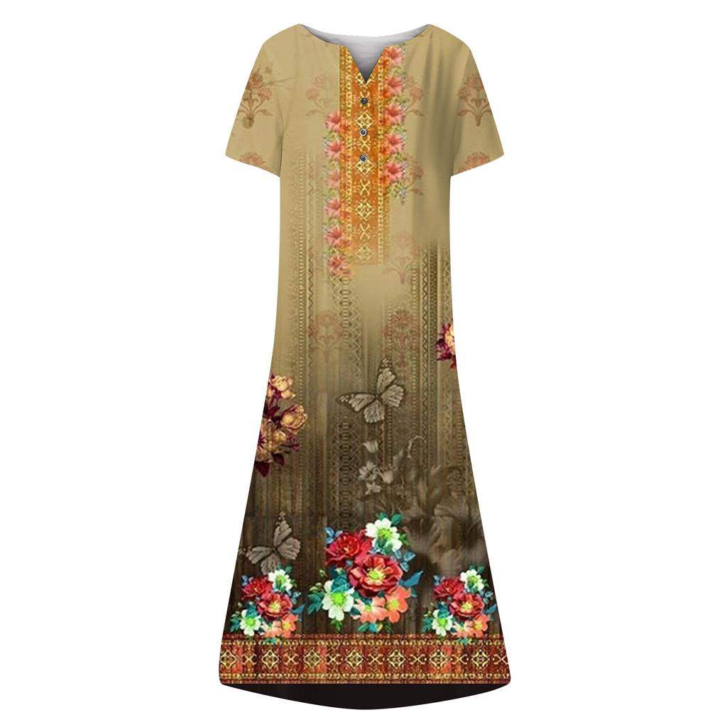 Summer Dress For Women 2023 Casual Printed V-Neck Short-Sleeve Beach Swing Dress