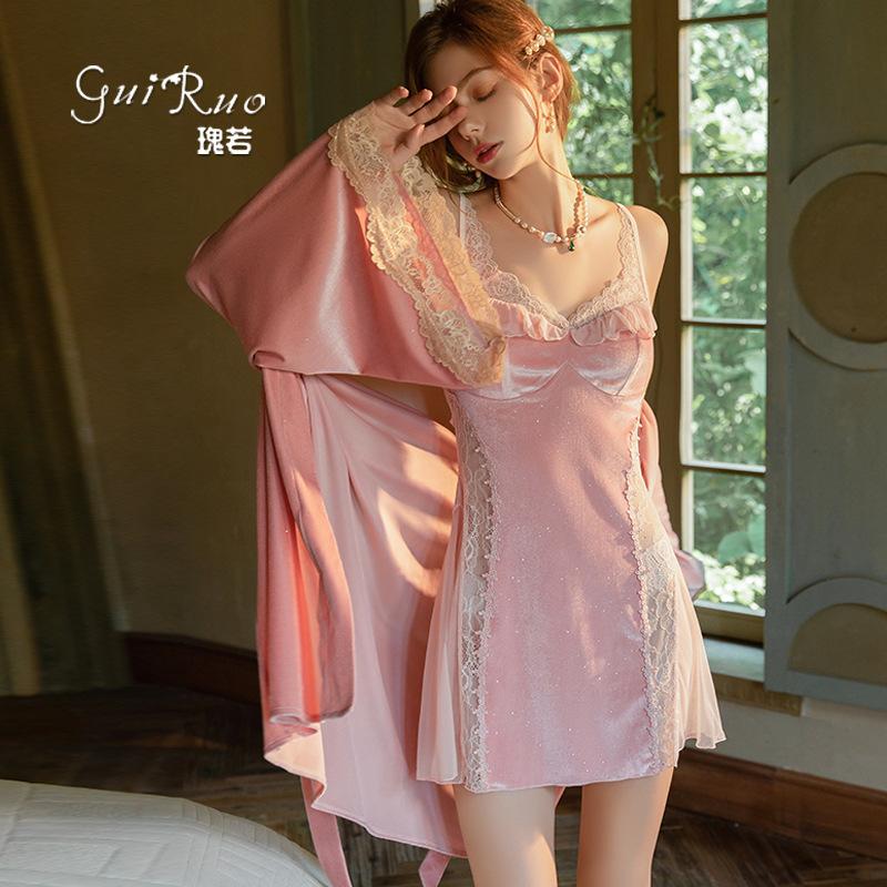 Women's Shimmer Velvet Lace Deep V Padded Backless Sleep Dress with Robe Lounge Set