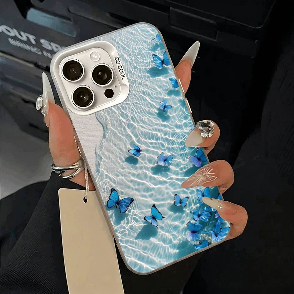 Blue Butterfly Ocean Wave Phone Case For iPhone 17,16,15,14,13,12,11 Plus,Pro Max,XS,white Silver Phone Case