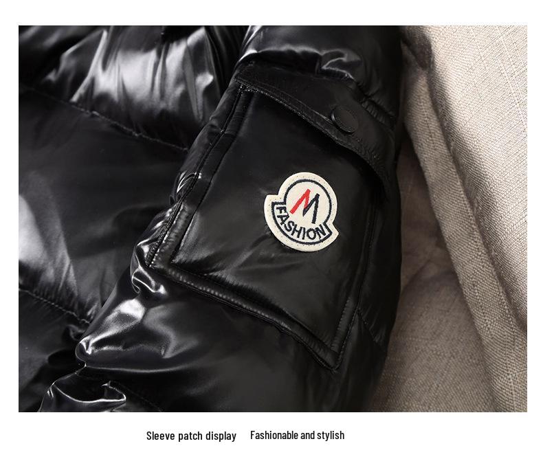 Geacă de puf lucioasă cu glugă pentru bărbați - Palton scurt de iarnă, Căldură groasă la modă