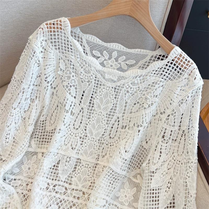 Dimanaf 2025 New Summer Basic Shirt Women Lace Blouse Tops Tees Casual Loose White Short  Tees