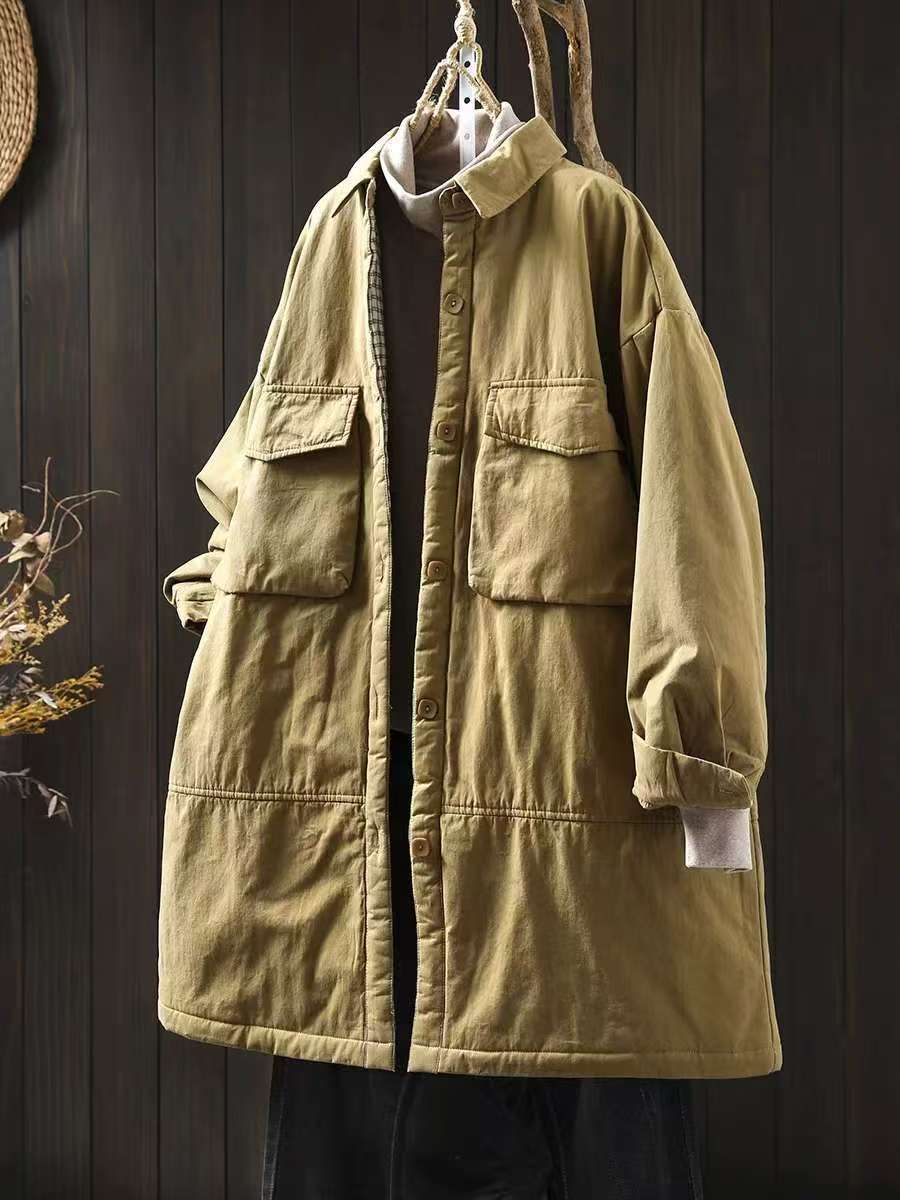 

Johnature Женские винтажные отложные воротники однотонные пуговицы пальто зимние карманы в китайском стиле пальто One Size хаки