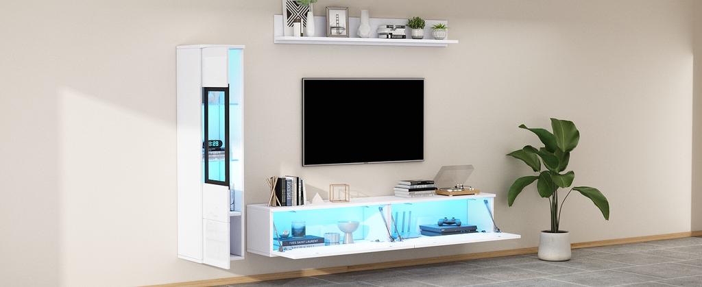 TV Wall Unit Set 3-Piece LED Lighting High Gloss White Living Room Furniture, Frontal 1 X TV Cabinet, 1 X Living Room Display Cabinet, 1 X Wall Shelf