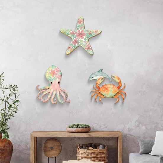 3 Pezzi Decorazioni da Parete in Legno per Spiaggia, Stella Marina Polpo Granchio Balena Nautica Costiera Vintage Wall Art, Ornamenti Vita Marina Oceano per Bagno, Soggiorno,