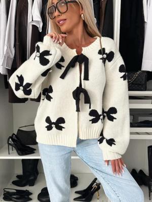 Casual Bow Print Knitted Cardigan Sweater Women Lace Up Hollow Out O-neck Long Sleeve Female Sweaters