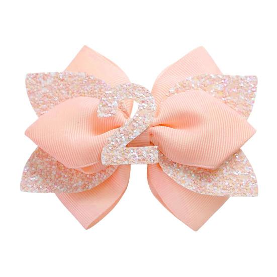 Pink Birthday Hair Bow for Baby 1-6 Years Glitter Sequin Party Hairpin Satin Ribbon Bow with Elastic Tie & Metal Clip Sparkling Number Hair Accessory