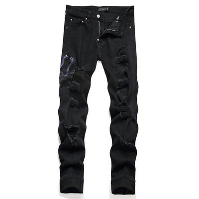 "Trendy Black Cobra Embroidered Slim Stretch Men's Jeans"