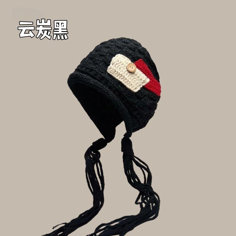 Cute little cashmere hat women's autumn and winter warm straps knitted ear hat outdoor pullover hat