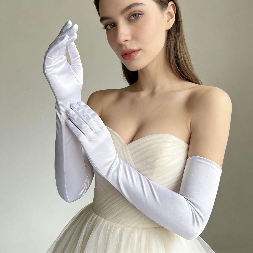 Solid Color Satin Gloves Full Finger Etiquette Mittens Elastic Long Gloves  Cosplay Accessory