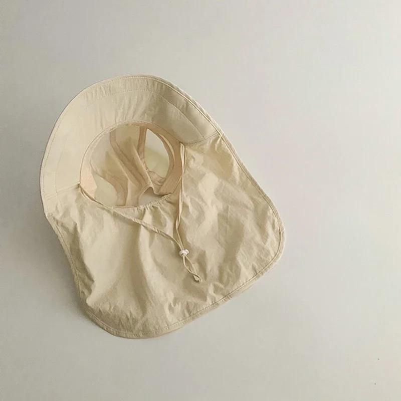 Solid Color Summer Sun Hat for Boy Girl Korean Big Brim Fisherman Cap Kids Quick Dry Mesh Anti UV Beach Cap with Neck Cover