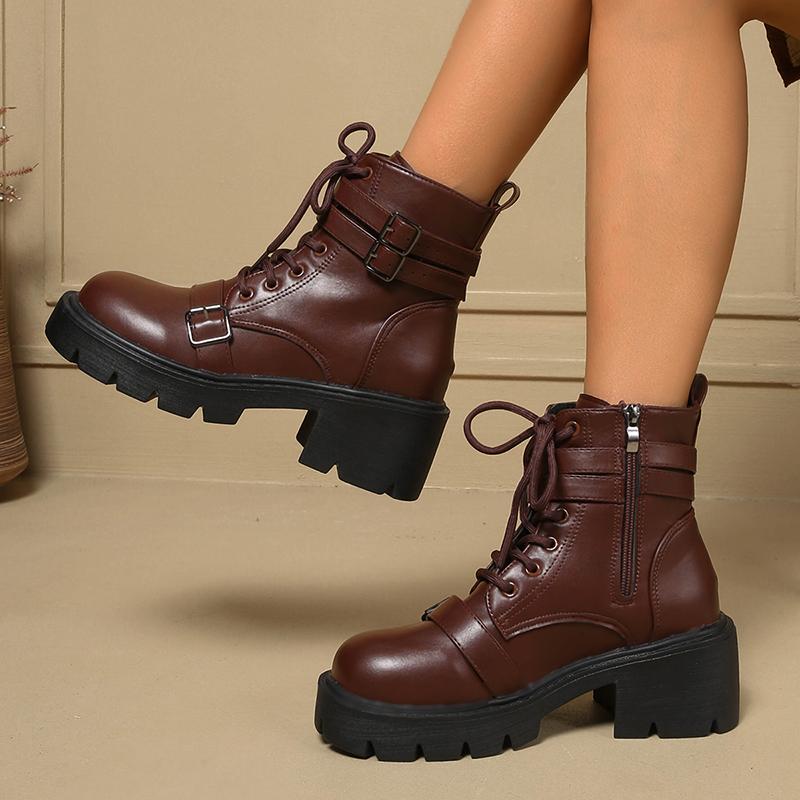 Fashion Chunky Platform Combat Boots for Women Fashion Buckle Strap Thick Heel Ankle Boots Woman Autumn Winter Black PU Leather Booties