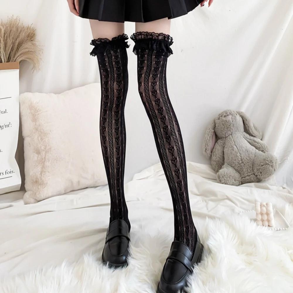 Spring Autumn Thin Lace Hollow White Thigh High Lolita Socks For Women Jk Cute Black Long Stockings
