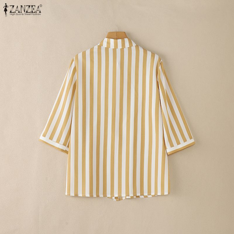ZANZEA Women Casual Turn Down Collar 3/4 Sleeve Loose Stripe Blouse