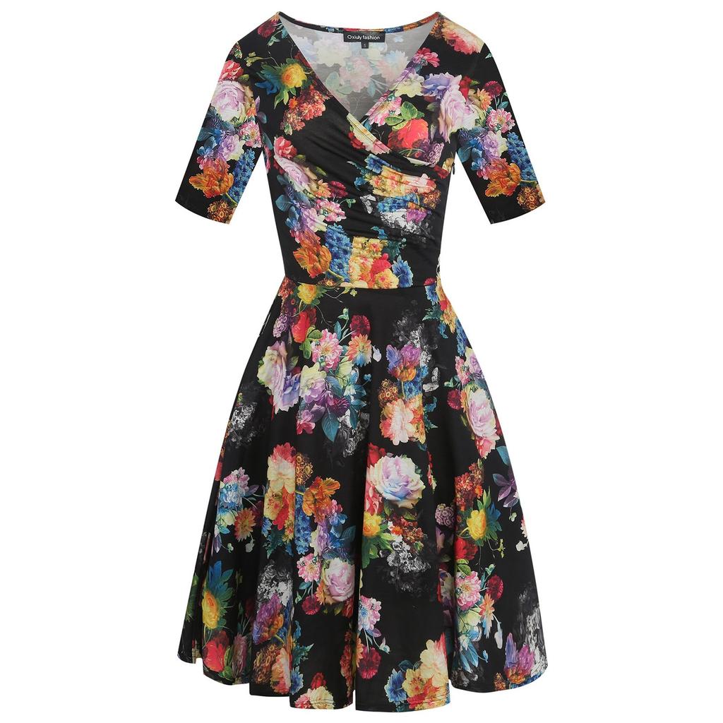 Damenkleid mit halblangen Ärmeln, V-Ausschnitt, plissiertem Bund, breitem Saum und schmaler Passform