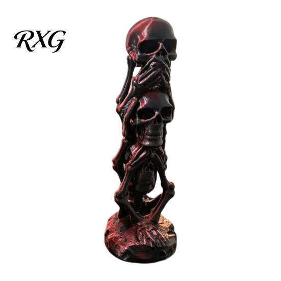 Creative Resin Crafts 3D Printed Triple Skull Statue, Halloween Horror Hear No Evil See Skeleton Figurines Speak Figurine, Desk Decor for Home Office