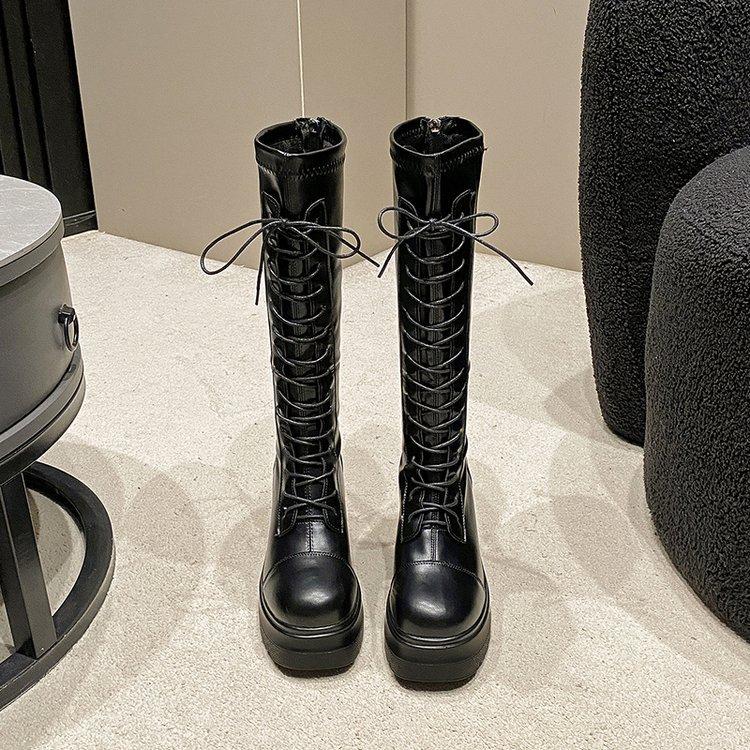 Trendy long boots women's small thick-legged long knight boots new autumn thick-soled lace-up high Martin boots
