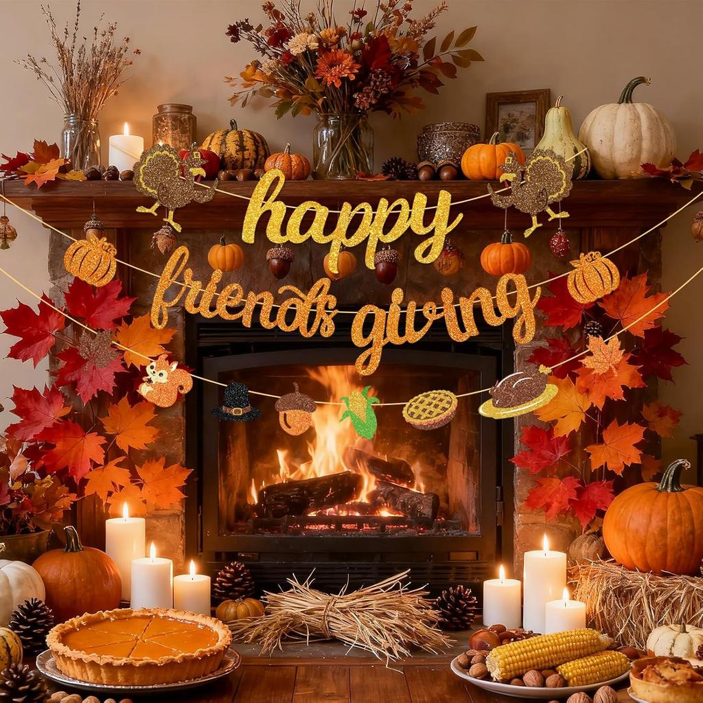 Happy Friendsgiving Banner Thanksgiving Party Decorations Glitter Friends Giving Garland Plastic Pre Strung Streamers Turkey Pumpkin Fall Leaves Sign