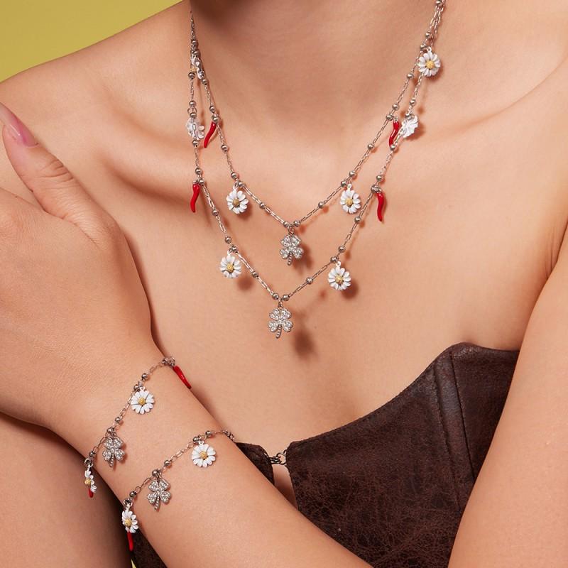 Stainless Steel Lucky Clover Daisy Pendant Necklace Bracelet Set Women Gold Mixed Color Fashion Jewelry