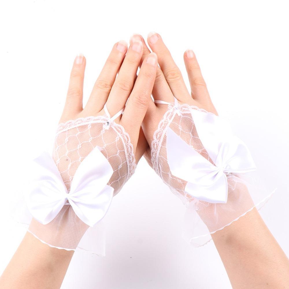 

1 pair with Handmade Ribbon Bow Lace Short Gloves Black Girls Cosplay Decoration Mesh Hand Sleeves Mesh Hollow Fingerless Gloves білий