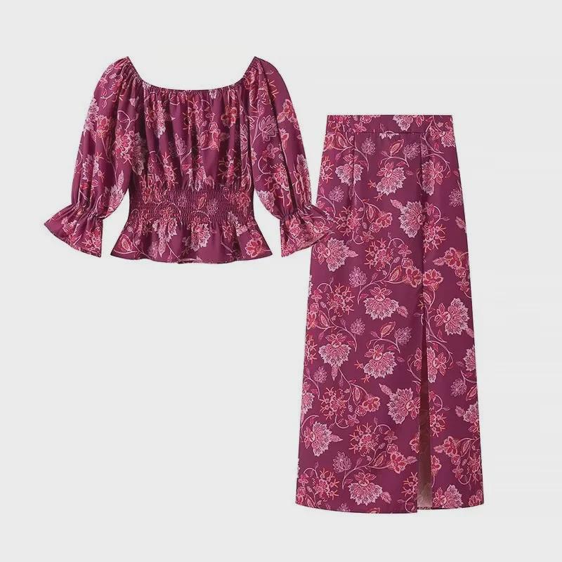 2024 Rose Red One-Shoulder Long-Sleeve Shirt & High-Waisted Skirt Set for Women
