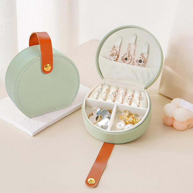Portable Round Jewelry Box Mini Pu Leather Case For Rings Earrings Necklaces