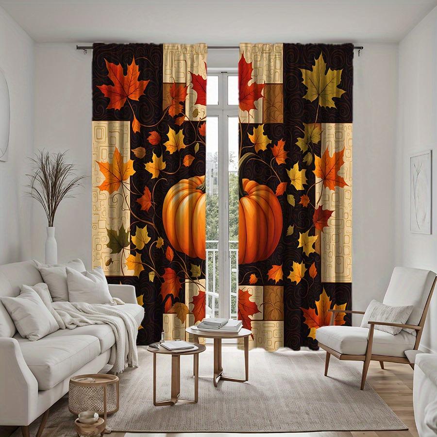 2 Pieces Autumn Pumpkin and Maple Leaf Print Curtains   Polyester Fabric   Suitable for Bedroom Living Room Decoration