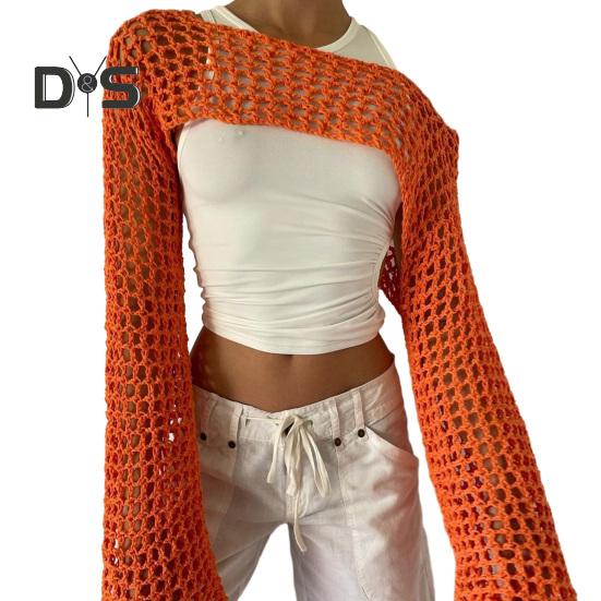 

Женский свитер, вязаный крючком, ажурный укороченный топ, стильная удобная блузка, уличная одежда на осень M оранжевый