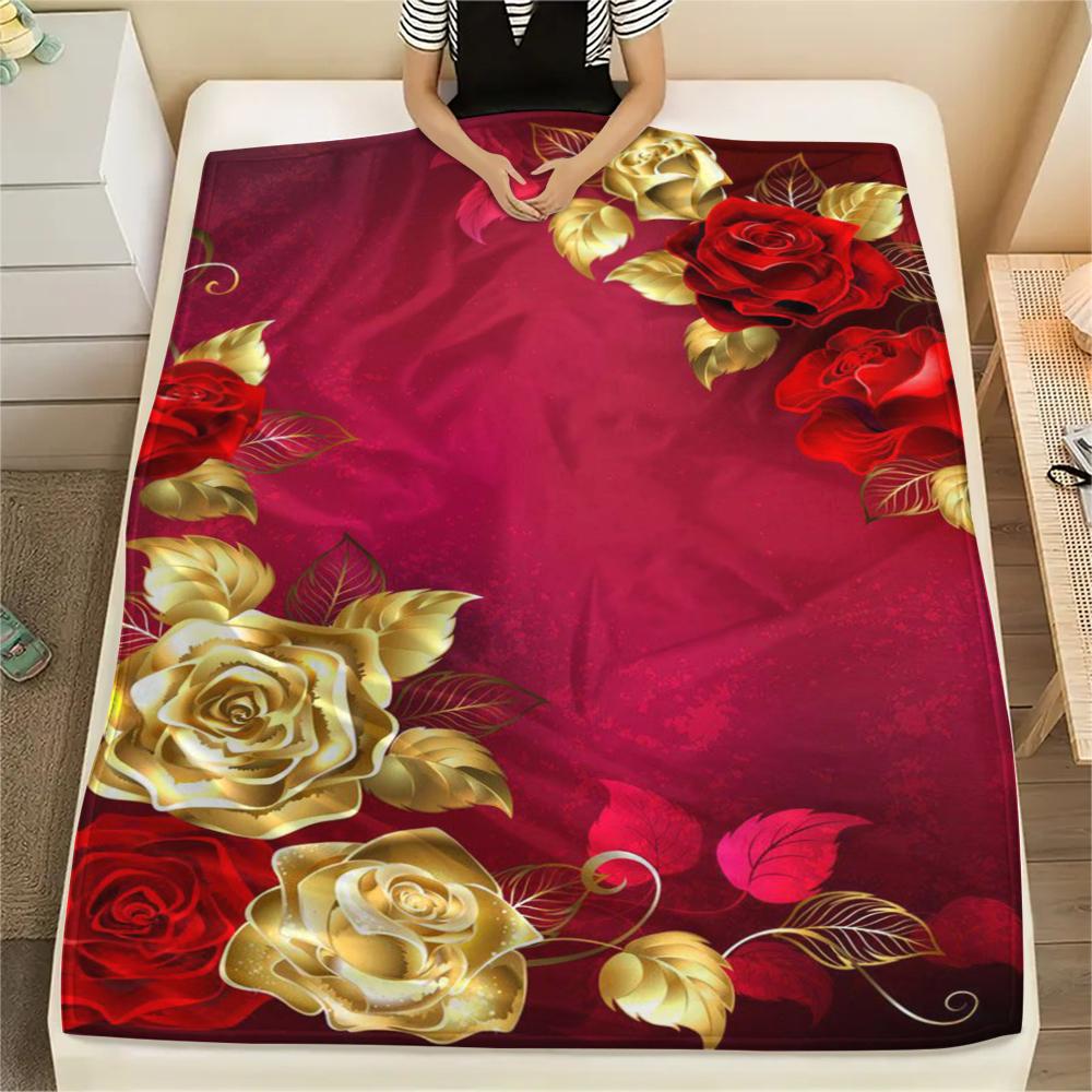 1Pc Golden Flower Print Flannel Blanket, High Quality Comfortable for All Seasons, Home Decor, Warmth and Comfort, Perfect for Gifts