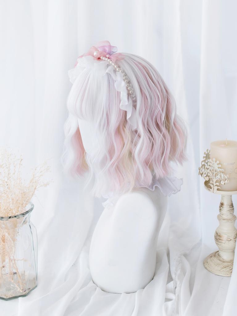 12Inch White Pink Double Color Synthetic Wigs With Bang Short Natural Wavy Hair Wig For Women Cosplay Heat Resistant