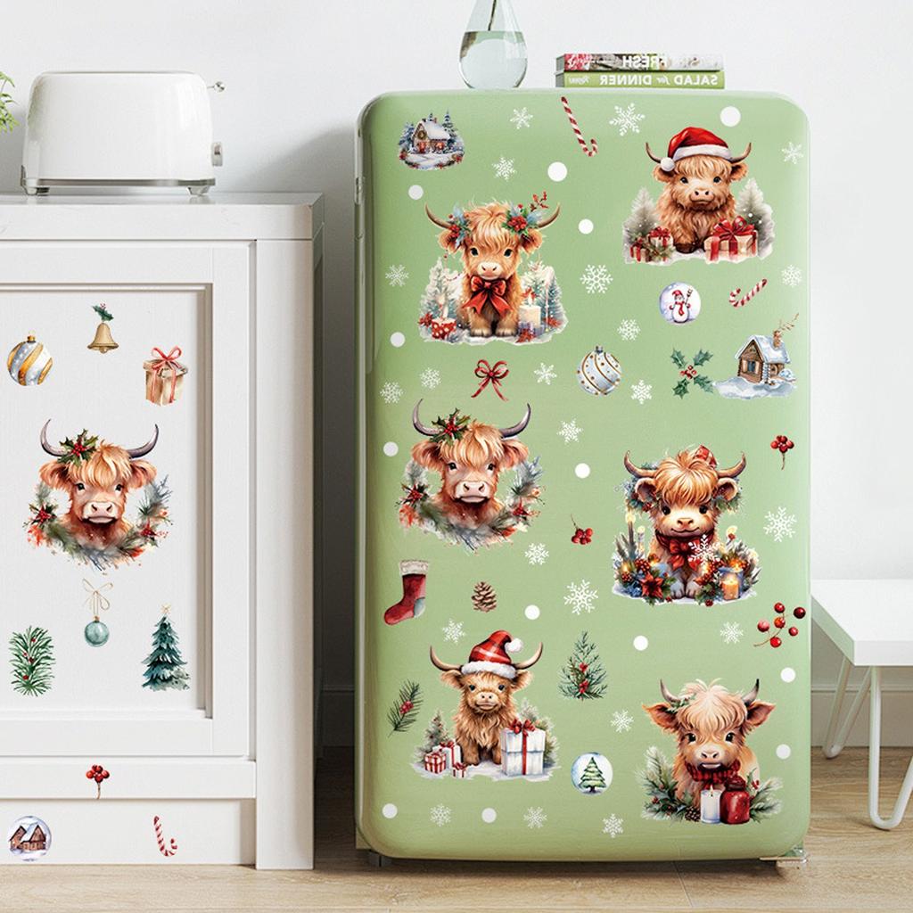 6Bögen/83 Stück Weihnachts-Wandaufkleber mit süßen Kuhglocken, Wanddekoration, selbstklebende Aufkleber, Kühlschrankmagnete, Raumdekoration