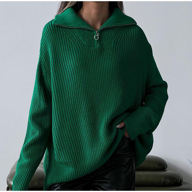 032 Zipper Knit Pullover Sweater: Loose Fit Casual Women's Autumn/Winter European American Style