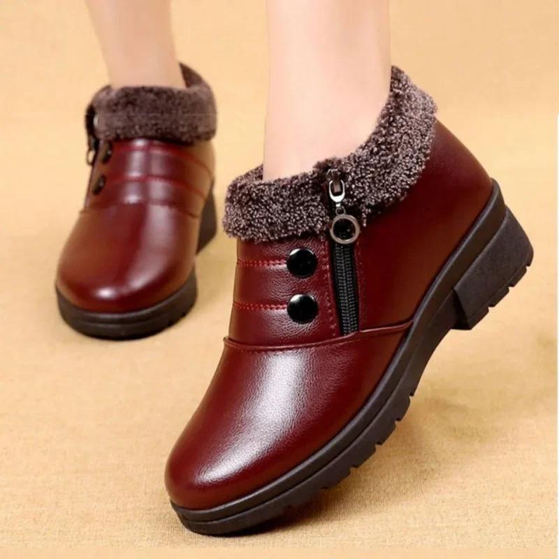 Fashion Women Ankle Short Boots Waterproof Snow Boot Shoes Women Casual Lightweight Warm Winter Soft Leather Elderly Shoe Zapatos Mujer