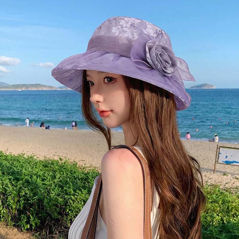 Portable Thin Bow Sunshade Cap Folding Sunscreen Basin Hat Panama Hat Floral Fisherman Hat  Outdoor