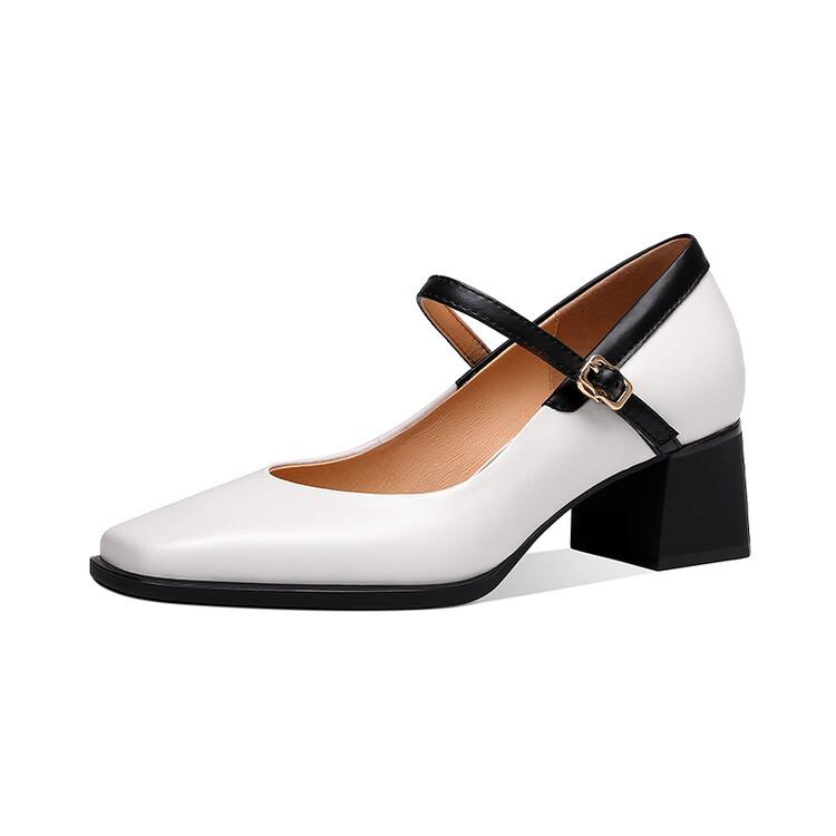 Fashion New Genuine Leather Vintage Women Shoes Fashion Square Toe Pumps Chunky Heel Spring Shoes Women Zapatos De Mujer Mary Jane Shoes