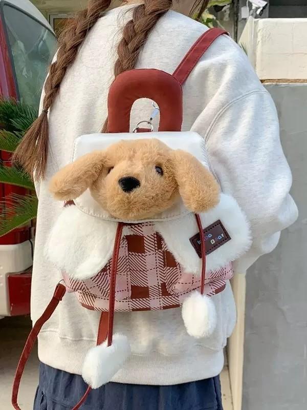 Cute Bunny Plush Backpack With Checkered Pattern For Daily Use And Storage
