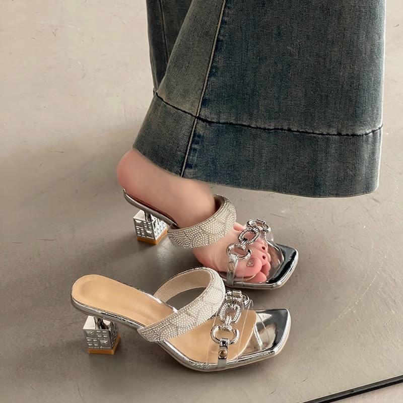 A Pair of Thin Shoes High Heels Rhinestones Flip-flops Women's Shoes Square-toed Versatile High Heels