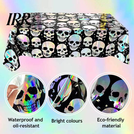 Halloween Background Skull Foil Fringe Curtain, Iridescent Disposable Tablecloth, Tinsel Curtain Table Cover Backdrop for Holiday Party Decoration
